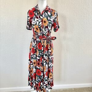 Essential By Monoprix Women Sz 36 Amaretti Midi Dress Red Green Floral Tie Waist